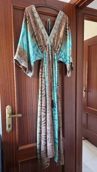 Vestido Boho Talla Única Turquesa y Marrón