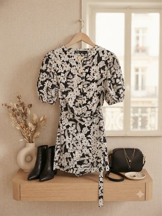 Vestido Zara floral blanco y negro