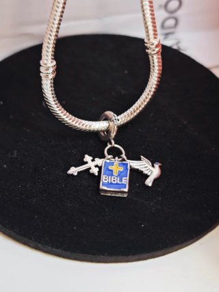 Charm para Pandora Biblia Cruz Paloma Plata