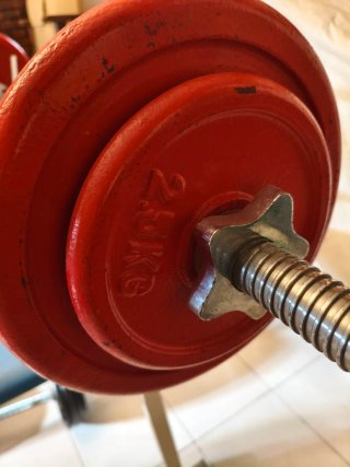 Banco de pesas con discos y mancuernas