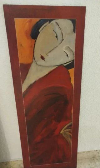 Estantería madera teka + cuadro + baúl