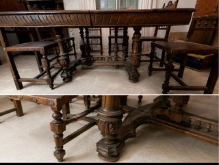 Mesa Antigua y 6 Sillas Repujadas