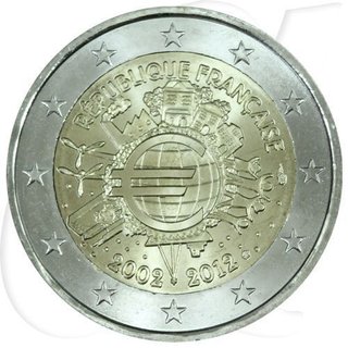 2€ Francia, 10° Anniversario Euro 2012. Usata