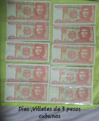 Lote 10 -Billetes 3 Pesos Cuba Che Guevara
