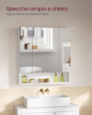 Colección KAILYN - Armario de Baño de Pared con Puertas Espejo, Mueble Colgante de Baño, Espejo, Compartimento Abierto, Estantes Regulables, 16,5 X 70 X 75 Cm, Blanco Nube BBK129W01