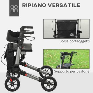 Andador Plegable para Ancianos con Altura Ajustable, Andador con Asiento, 4 Ruedas, Frenos Dobles y Bolsa de Almacenamiento, Andador para Ancianos y Discapacitados en Aluminio, Negro