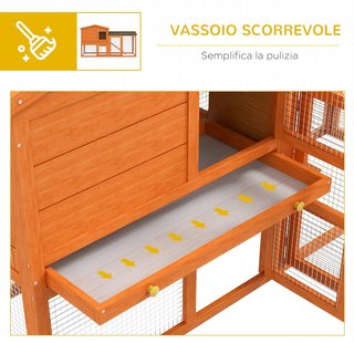Conejera de 2 Pisos para Exterior, Jaula para Animales Domésticos de Madera de Abeto y Alambre Metálico, 150X45X85 Cm, Naranja