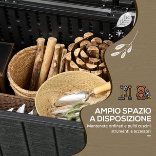 Baúl De Exterior De 366L Efecto Madera Con Tapa De Doble Palanca, 2 Asas Y 2 Ruedas, Cofre Contenedor De Exterior De Plástico, 122.4X62X64.5 Cm, Negro