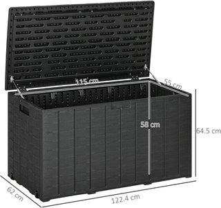 Baúl De Exterior De 366L Efecto Madera Con Tapa De Doble Palanca, 2 Asas Y 2 Ruedas, Cofre Contenedor De Exterior De Plástico, 122.4X62X64.5 Cm, Negro