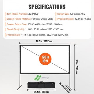 Pantalla de Proyector con Soporte, Pantalla de Película Exterior de 120 pulgadas 16:9 4K 1080 HD con Soporte, Pantalla de Proyección Sin Arrugas con Patas de Barra y Bolsa de Transporte, para Cine...