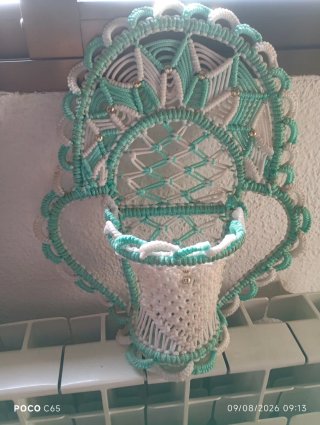 Florero Macramé Teal y Blanco
