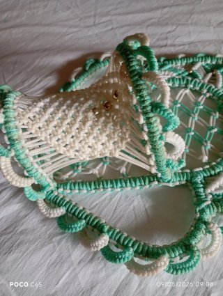 Florero Macramé Teal y Blanco