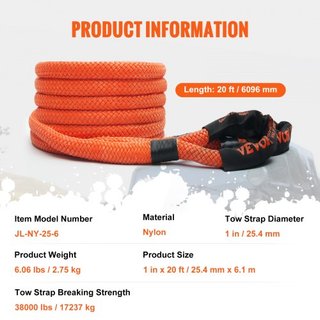 Cuerda de Remolque de Recuperación Cinética de 1" (2.54 cm) x 20'/6.1 m 38,000 lbs/17,237.5 kg, Correa de Snatch de Alta Resistencia para Off Road, Correa de Snatch de Deber Extremo con 30% de Ela...