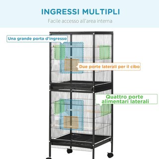 Jaula para Aves 2 en 1 Voliera para Interiores Con 4 Ruedas Giratorias, Bandejas Extraíbles Y Contenedores de Plástico, 51.5X50X140 Cm, Negro