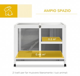 Conejera de Madera de 2 Niveles con Casita para Conejos y Cobayas, Jaula para Conejos con Rampa y Bandeja Extraíble, 91.5X53.3X73Cm, Gris