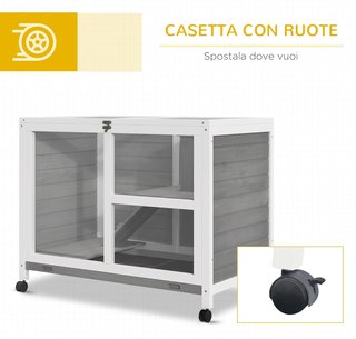 Conejera de Madera de 2 Niveles con Casita para Conejos y Cobayas, Jaula para Conejos con Rampa y Bandeja Extraíble, 91.5X53.3X73Cm, Gris