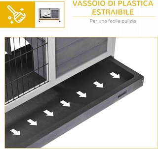 Jaula para Conejos y Cobayas con 4 Ruedas, Casita, Rampa y Bandeja Extraíble, Madera Natural, Gris, 90X53X59 Cm