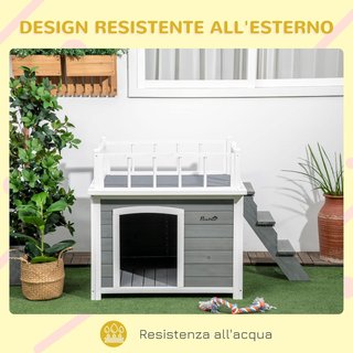 Caseta para Perros de Tamaño Pequeño y Mediano con Terraza, Escalera y Ventana, 121X77X78Cm, Gris Claro