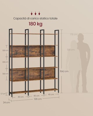 Estantería, Estante de 6 Niveles, Estante de Cocina, Organizador, Estilo Industrial, para Oficina, Sala de Estar, Dormitorio, 24 X 128 X 187,1 Cm, Marrón Vintage y Negro Tinta LLS151K01