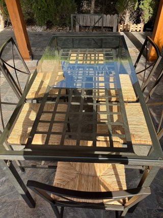 Conjunto Mesa Comedor Jardín Cristal y Metal
