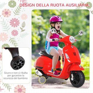 Vespa Moto Eléctrica para Niños, Motorino Eléctrico de 6V para Niños de 3-6 Años con Música MP3 USB Tarjeta TF, Ruedas de Soporte, Luces y Sonidos, 2-3Km/H, 102X50.5X75.5 Cm, Rojo