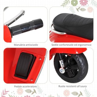 Vespa Moto Eléctrica para Niños, Motorino Eléctrico de 6V para Niños de 3-6 Años con Música MP3 USB Tarjeta TF, Ruedas de Soporte, Luces y Sonidos, 2-3Km/H, 102X50.5X75.5 Cm, Rojo