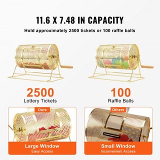 Tambor de Rifa, 11.6 x Ø7.48 pulgadas, Jaula Giratoria de Boletos de Rifa con Acabado en Latón, Capacidad para 2500 Boletos o 100 Pelotas de Ping Pong, Sorteo de Lotería Metálico con Mango de Made...