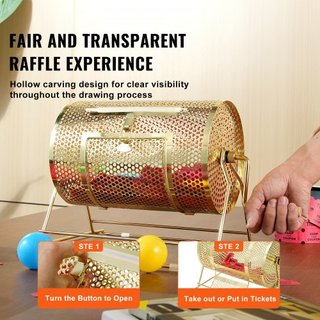 Tambor de Rifa, 11.6 x Ø7.48 pulgadas, Jaula Giratoria de Boletos de Rifa con Acabado en Latón, Capacidad para 2500 Boletos o 100 Pelotas de Ping Pong, Sorteo de Lotería Metálico con Mango de Made...