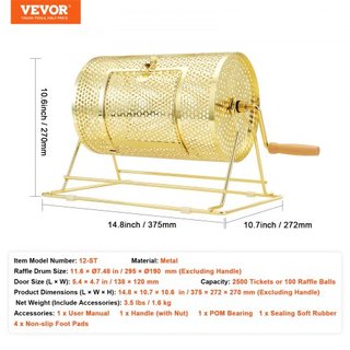 Tambor de Rifa, 11.6 x Ø7.48 pulgadas, Jaula Giratoria de Boletos de Rifa con Acabado en Latón, Capacidad para 2500 Boletos o 100 Pelotas de Ping Pong, Sorteo de Lotería Metálico con Mango de Made...