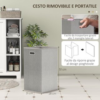 Mueble Portabianchería para Baño Con Cesto Extraíble, Armario Mueble de Baño Ahorra Espacio, Mueble de Lavandería Con Bolsa Portabianchería Plegable Y 3 Estantes, 60X38X86 Cm, Blanco