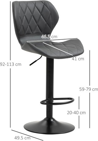 Juego De 2 Taburetes Altos De Piel Sintética Con Altura Ajustable, Taburetes De Cocina Giratorios Con Respaldo Y Reposapiés, 46.5X49.5X92-113Cm Gris