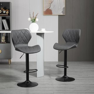 Juego De 2 Taburetes Altos De Piel Sintética Con Altura Ajustable, Taburetes De Cocina Giratorios Con Respaldo Y Reposapiés, 46.5X49.5X92-113Cm Gris