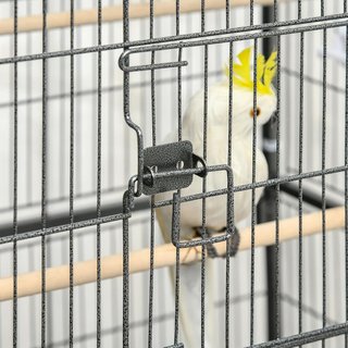 Jaula para Aves de Interior de Acero y Madera con Bandeja Extraíble, 4 Ruedas, Perchero y Contenedor de Alimentos, 78X52X132Cm, Gris Oscuro
