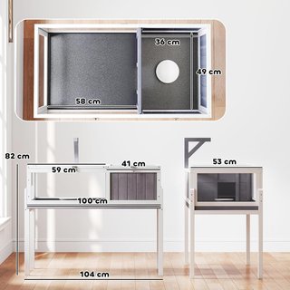 Casa de Tortugas Elevada con Divisor, Bandeja Extraíble y 2 Tapas, Tortuguera de Madera de Abeto y PS, 104X53X82 Cm, Gris y Blanco