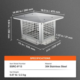 Tapa de Chimenea 330.2 x 228.6mm, Cubierta de Chimenea de Acero Inoxidable 304, No Fácilmente Volcable & Accesorios Prácticos & Fácil Instalación, Se Ajusta a Cubiertas de Malla Fuera de Tejas de ...