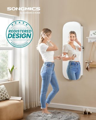 Armario de Joyas de Pared, Espejo de Joyeros, Con Espejo, Cierre y Luz LED y Estantes, para Collares y Pendientes, Superficie Blanca y Forro Greige JJC026W01