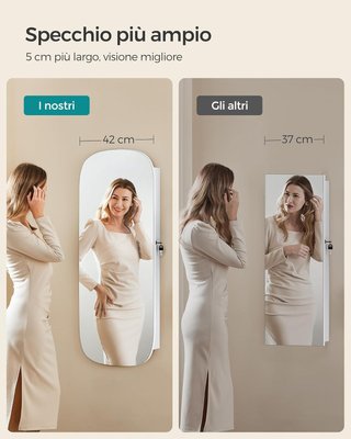 Armario de Joyas de Pared, Espejo de Joyeros, Con Espejo, Cierre y Luz LED y Estantes, para Collares y Pendientes, Superficie Blanca y Forro Greige JJC026W01