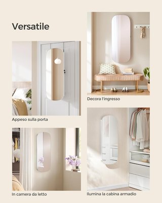 Armario de Joyas de Pared, Espejo de Joyeros, Con Espejo, Cierre y Luz LED y Estantes, para Collares y Pendientes, Superficie Blanca y Forro Greige JJC026W01