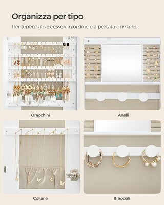 Armario de Joyas de Pared, Espejo de Joyeros, Con Espejo, Cierre y Luz LED y Estantes, para Collares y Pendientes, Superficie Blanca y Forro Greige JJC026W01