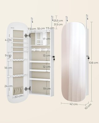 Armario de Joyas de Pared, Espejo de Joyeros, Con Espejo, Cierre y Luz LED y Estantes, para Collares y Pendientes, Superficie Blanca y Forro Greige JJC026W01