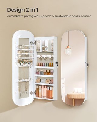 Armario de Joyas de Pared, Espejo de Joyeros, Con Espejo, Cierre y Luz LED y Estantes, para Collares y Pendientes, Superficie Blanca y Forro Greige JJC026W01