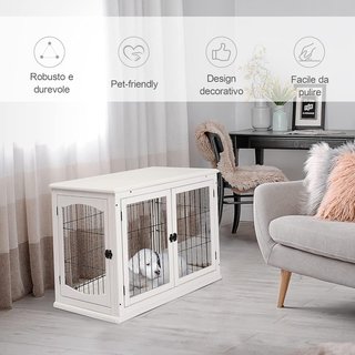 Caseta para Perros de Interior, Jaula para Animales de Madera y Metal con Doble Puerta, 58.5X81X66Cm, Blanco