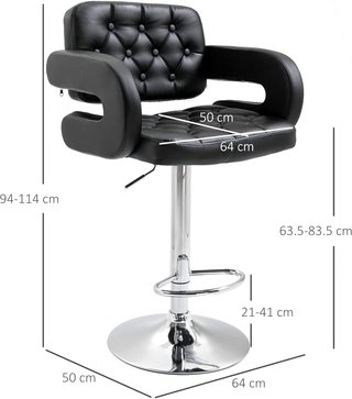 Taburete Alto de Bar con Respaldo y Apoyabrazos, Taburete de Cocina Moderno Giratorio con Altura Ajustable y Reposapiés, en Piel Sintética, 64X50X94-114Cm, Negro