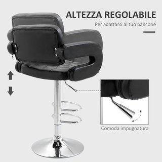 Taburete Alto de Bar con Respaldo y Apoyabrazos, Taburete de Cocina Moderno Giratorio con Altura Ajustable y Reposapiés, en Piel Sintética, 64X50X94-114Cm, Negro