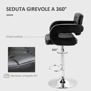 Taburete Alto de Bar con Respaldo y Apoyabrazos, Taburete de Cocina Moderno Giratorio con Altura Ajustable y Reposapiés, en Piel Sintética, 64X50X94-114Cm, Negro