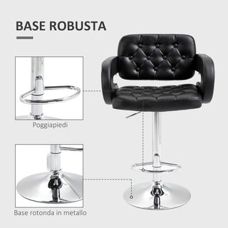 Taburete Alto de Bar con Respaldo y Apoyabrazos, Taburete de Cocina Moderno Giratorio con Altura Ajustable y Reposapiés, en Piel Sintética, 64X50X94-114Cm, Negro