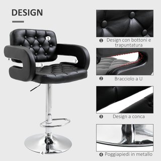 Taburete Alto de Bar con Respaldo y Apoyabrazos, Taburete de Cocina Moderno Giratorio con Altura Ajustable y Reposapiés, en Piel Sintética, 64X50X94-114Cm, Negro