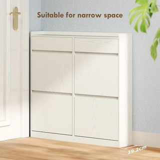 Zapatero Slim Ahorra Espacio Con 4 Puertas Abatibles, Zapatero de Entrada Con 2 Cajones Deslizables de Madera, Capacidad Para 8 Pares, 98X19.2X95.3 Cm, Blanco