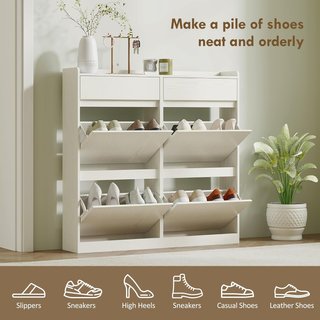 Zapatero Slim Ahorra Espacio Con 4 Puertas Abatibles, Zapatero de Entrada Con 2 Cajones Deslizables de Madera, Capacidad Para 8 Pares, 98X19.2X95.3 Cm, Blanco