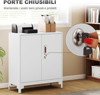 Armario para Documentos de Metal con Cerradura de Llave, Mueble de Oficina con 2 Puertas y 2 Estantes, Mueble Portadocumentos, para Casa Estudio Oficina Garaje, 80X35X91 Cm, Blanco